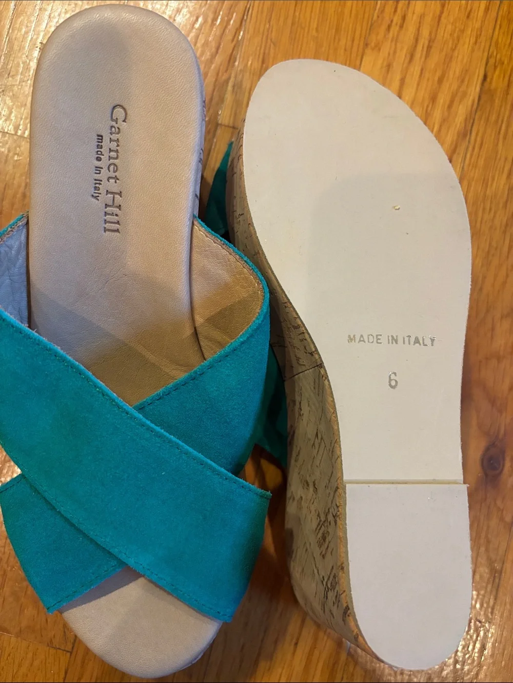 Garnet Hill Green Suede Crisscross Cork Wedge Slides Size 6 New